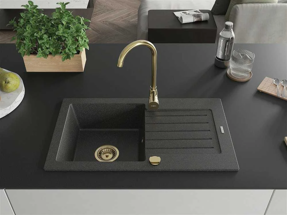 Granitinė virtuvinė plautuvė Mexen Pablo su sifonu, Juodas granite + Gold, 752 x 436 mm