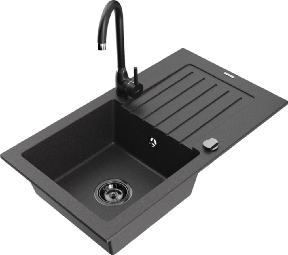 Granitinė virtuvinė plautuvė Mexen Pablo su maišytuvu ir sifonu, Juodas granite+Juodas(B)