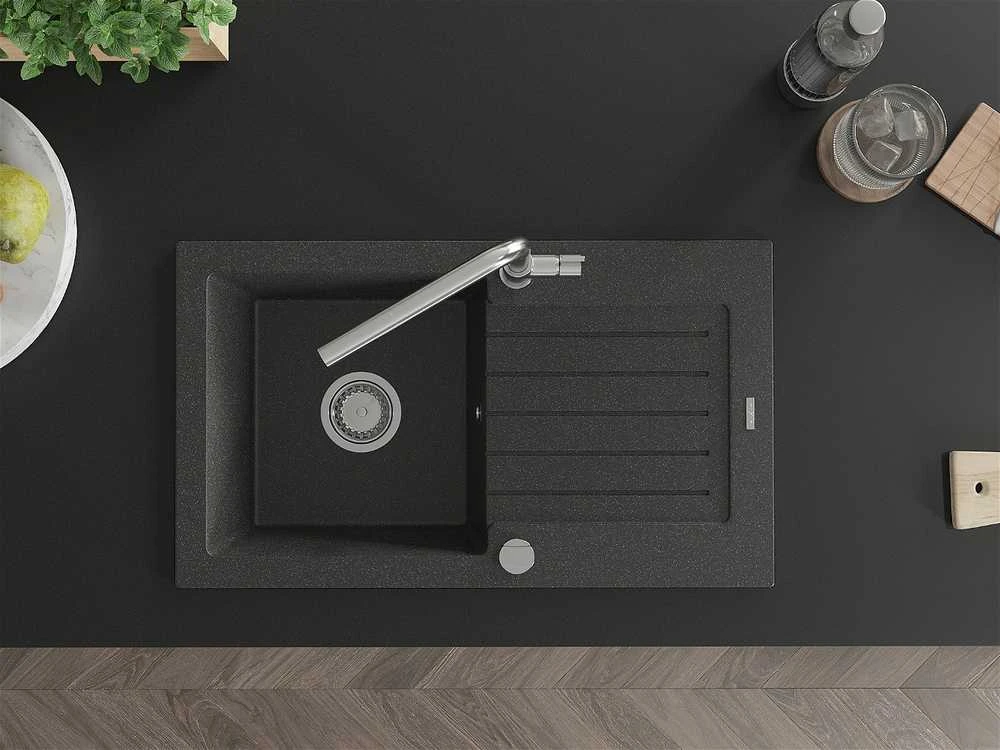 Granitinė virtuvinė plautuvė Mexen Pablo su maišytuvu ir sifonu, Juodas granite+Chrome