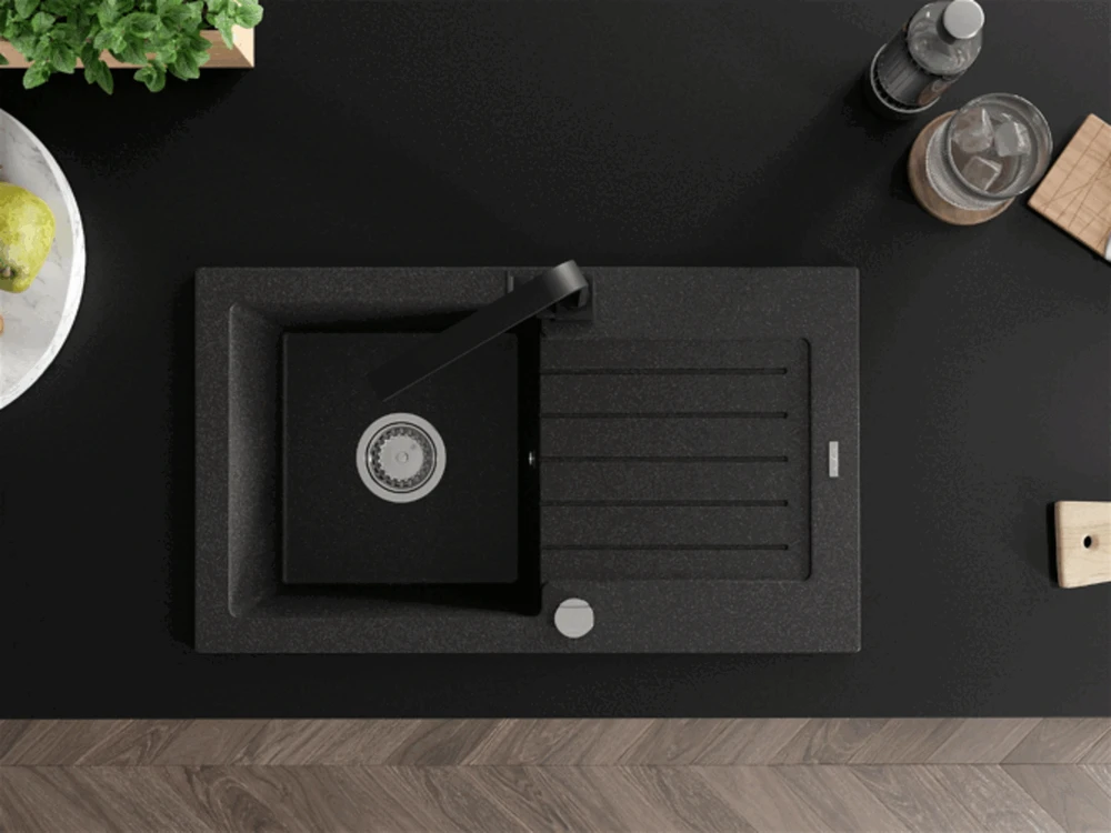 Granitinė virtuvinė plautuvė Mexen Pablo su maišytuvu ir sifonu, Juodas granite+Juodas