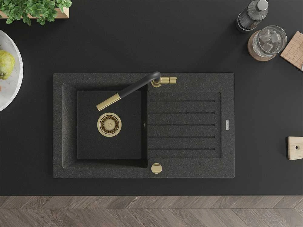 Granitinė virtuvinė plautuvė Mexen Pablo su maišytuvu ir sifonu, Juodas granite+Juodas/Gold