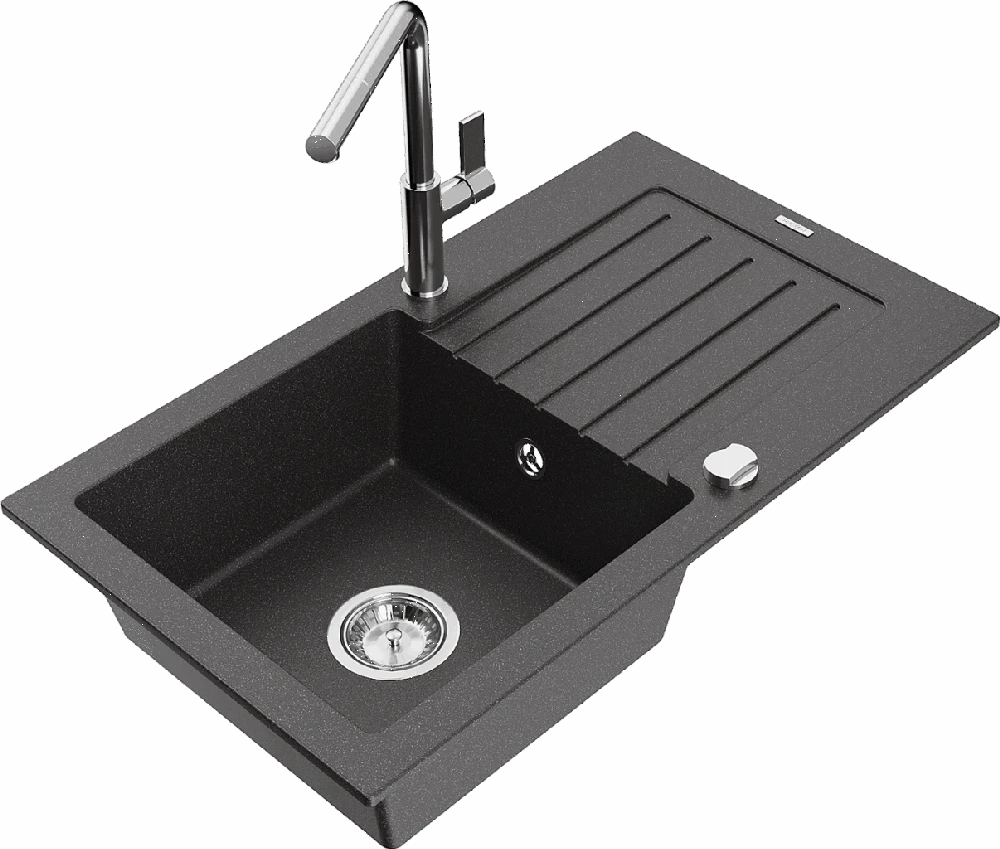 Granitinė virtuvinė plautuvė Mexen Pablo su maišytuvu ir sifonu, Juodas granite+Chrome