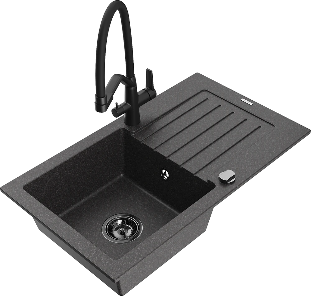 Granitinė virtuvinė plautuvė Mexen Pablo su maišytuvu ir sifonu, Juodas granite+Juodas
