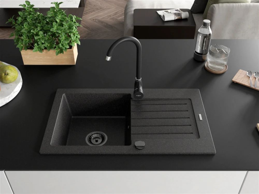 Granitinė virtuvinė plautuvė Mexen Pablo su maišytuvu ir sifonu, Juodas granite+Juodas(B)