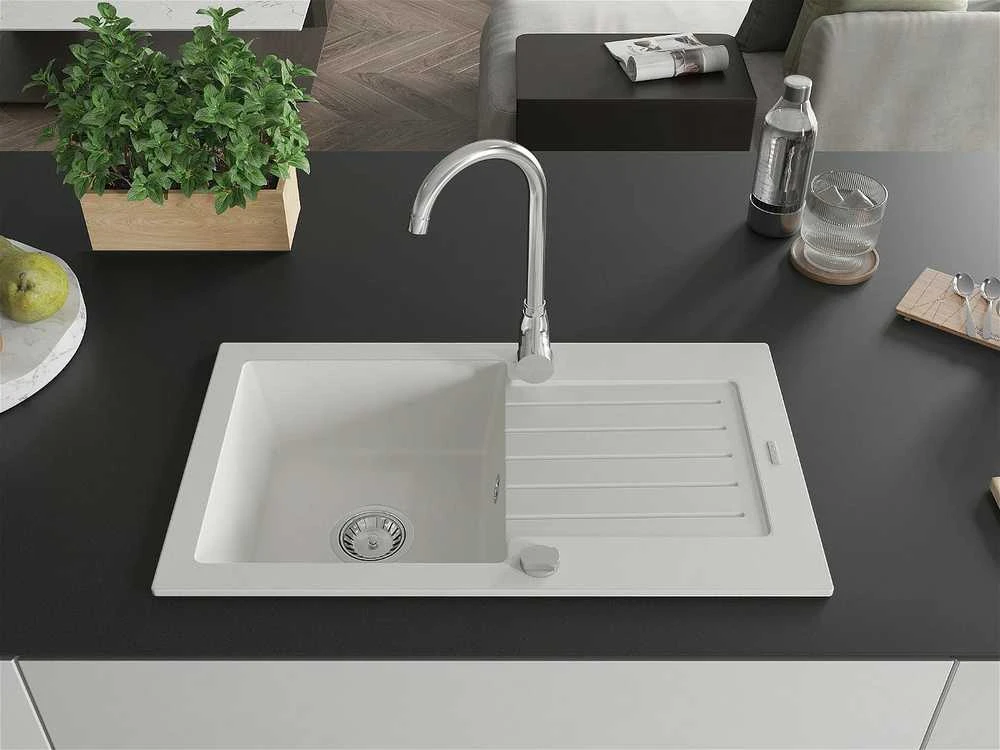 Granitinė virtuvinė plautuvė Mexen Pablo su sifonu, Baltas, 752 x 436 mm
