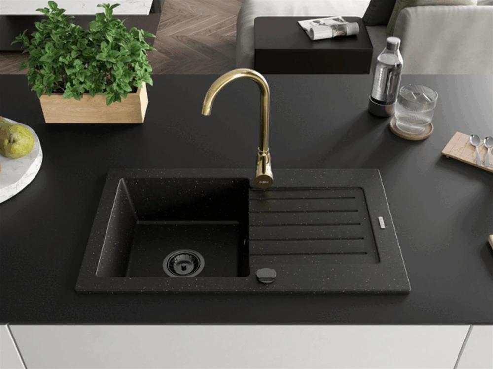 Granitinė virtuvinė plautuvė Mexen Pablo su maišytuvu ir sifonu, Metallic juodas/auksinis+Gold(B)