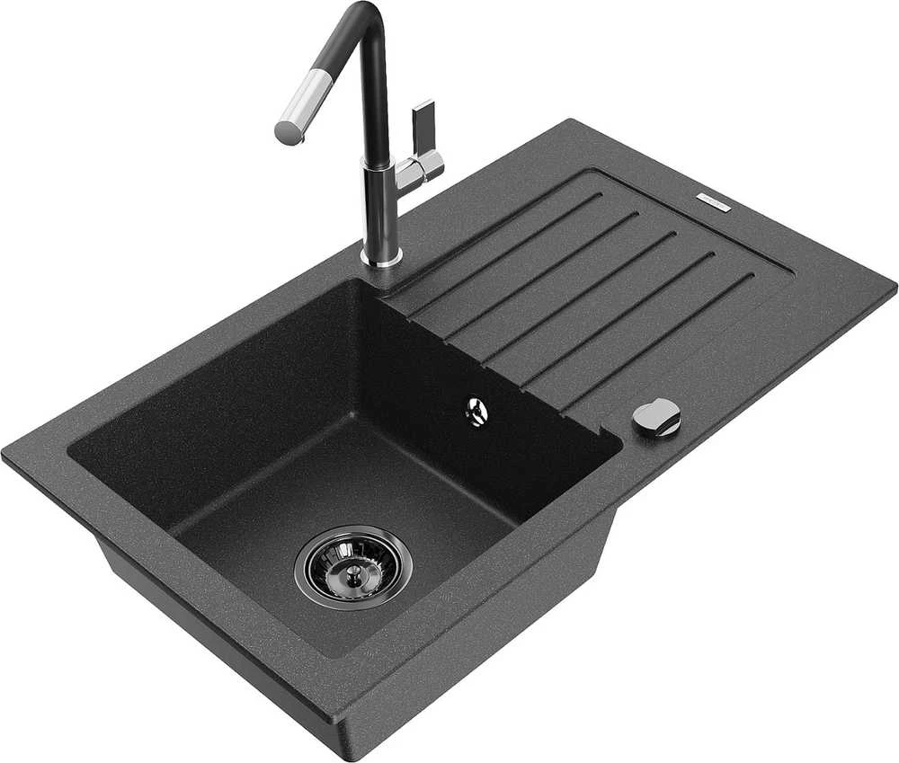 Granitinė virtuvinė plautuvė Mexen Pablo su maišytuvu ir sifonu, Juodas granite+Juodas/Chrome