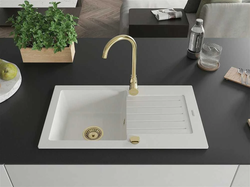 Granitinė virtuvinė plautuvė Mexen Pablo su sifonu, Baltas+Gold, 752 x 436 mm