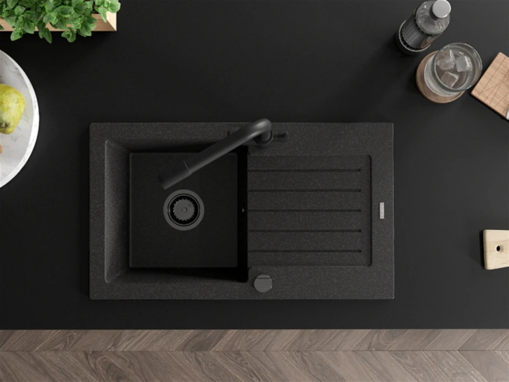 Granitinė virtuvinė plautuvė Mexen Pablo su maišytuvu ir sifonu, Juodas granite+Juodas(B)