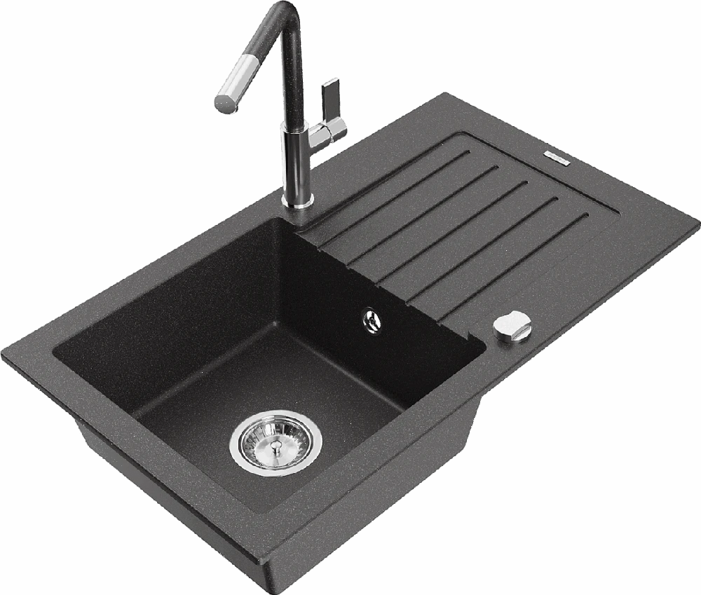 Granitinė virtuvinė plautuvė Mexen Pablo su maišytuvu ir sifonu, Juodas granite+Juodas granite/Chrome