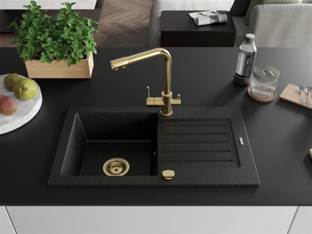 Granitinė virtuvinė plautuvė Mexen Pablo su maišytuvu ir sifonu, Metallic juodas/auksinis+Gold
