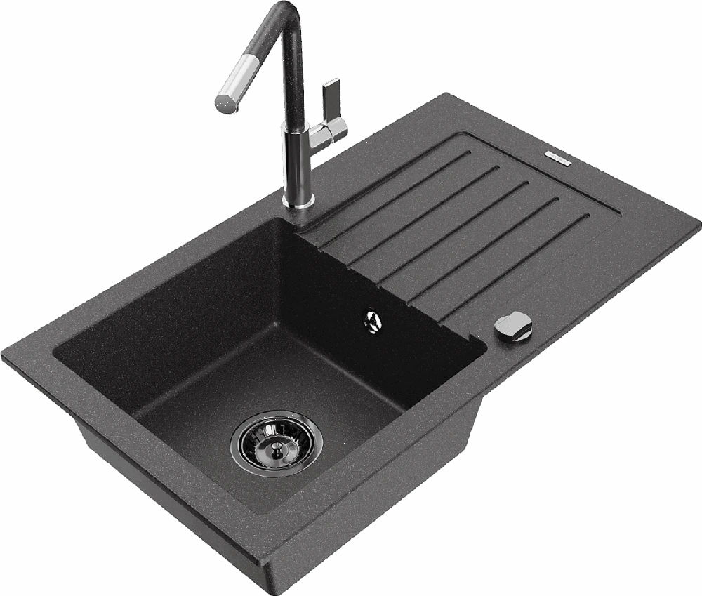 Granitinė virtuvinė plautuvė Mexen Pablo su maišytuvu ir sifonu, Juodas granite+Juodas granite/Chrome