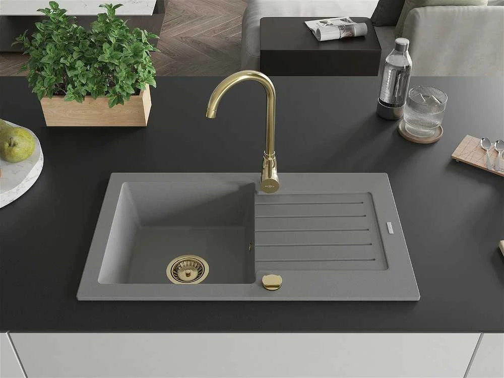 Granitinė virtuvinė plautuvė Mexen Pablo su sifonu, Pilkas+Gold, 752 x 436 mm