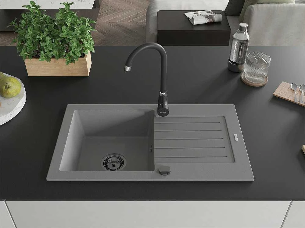 Granitinė virtuvinė plautuvė Mexen Pablo su sifonu, Pilkas+Juodas, 752 x 436 mm