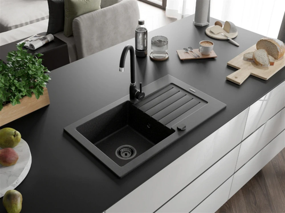 Granitinė virtuvinė plautuvė Mexen Pablo su maišytuvu ir sifonu, Juodas granite+Juodas(B)