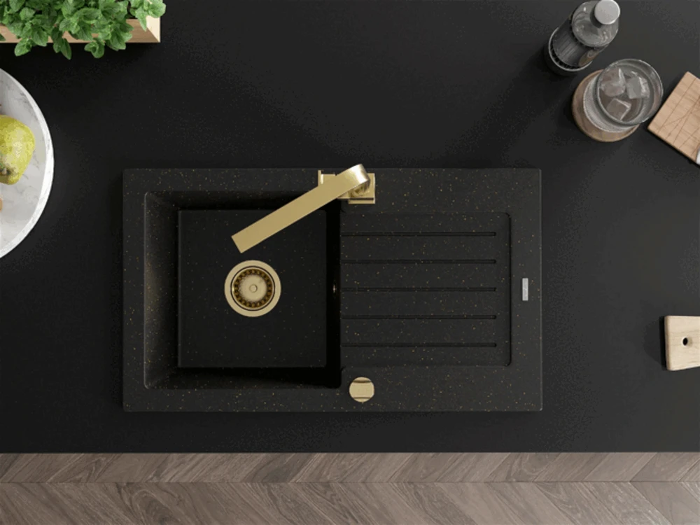 Granitinė virtuvinė plautuvė Mexen Pablo su maišytuvu ir sifonu, Metallic juodas/auksinis+Gold
