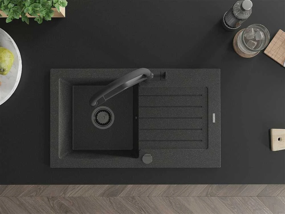 Granitinė virtuvinė plautuvė Mexen Pablo su maišytuvu ir sifonu, Juodas granite+Juodas