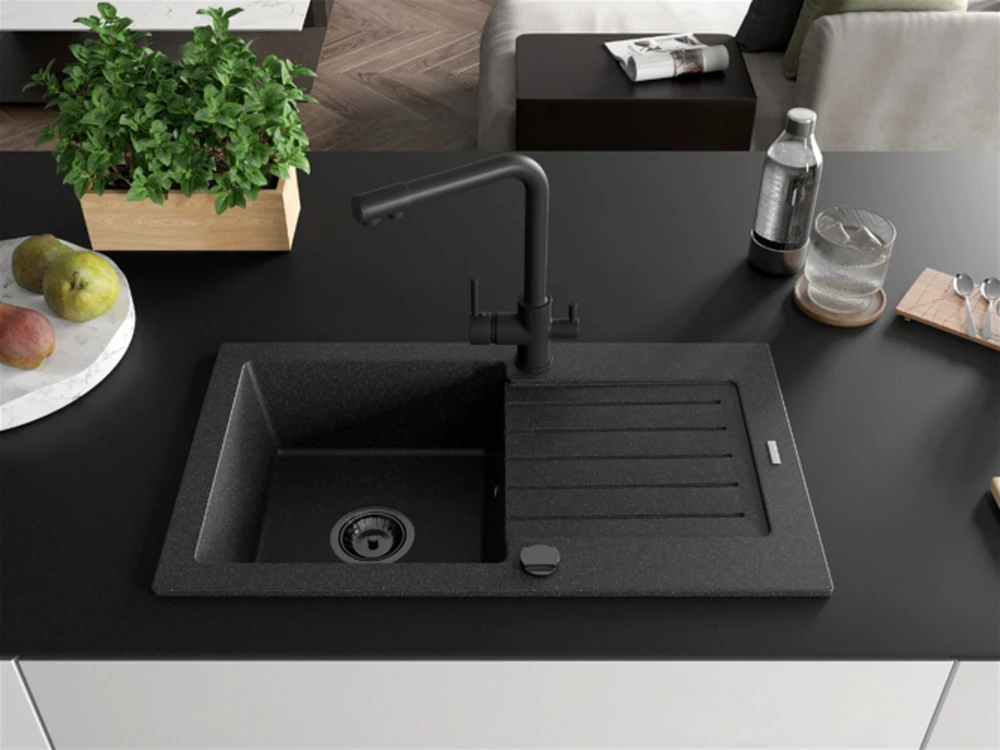 Granitinė virtuvinė plautuvė Mexen Pablo su maišytuvu ir sifonu, Juodas granite+Juodas(B)