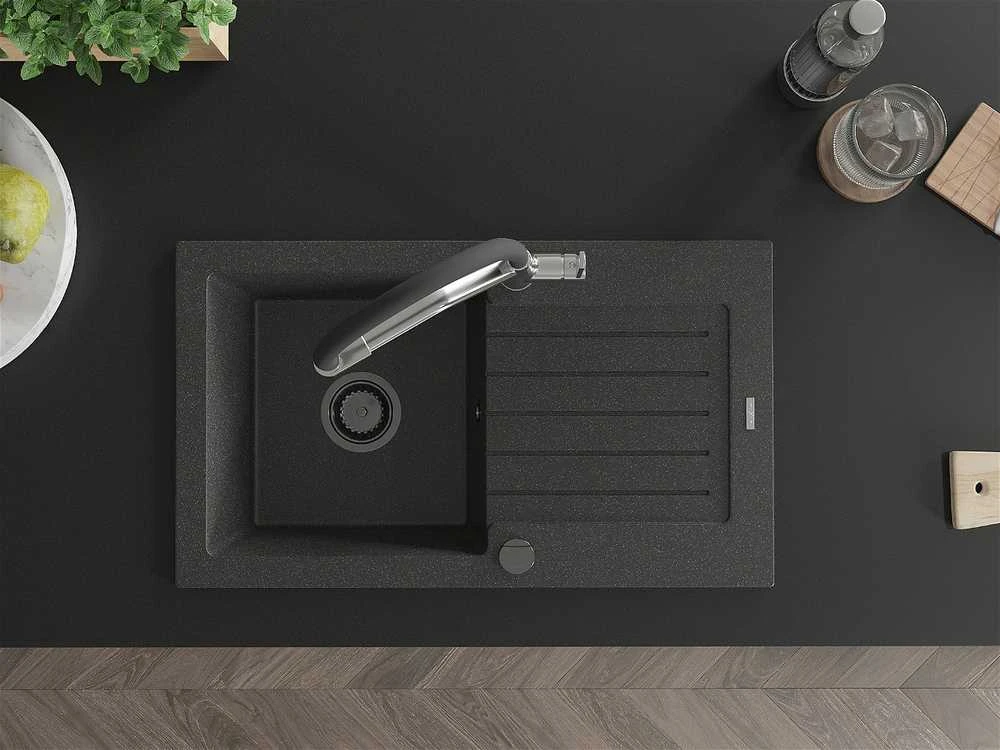Granitinė virtuvinė plautuvė Mexen Pablo su maišytuvu ir sifonu, Juodas granite+Juodas/Chrome