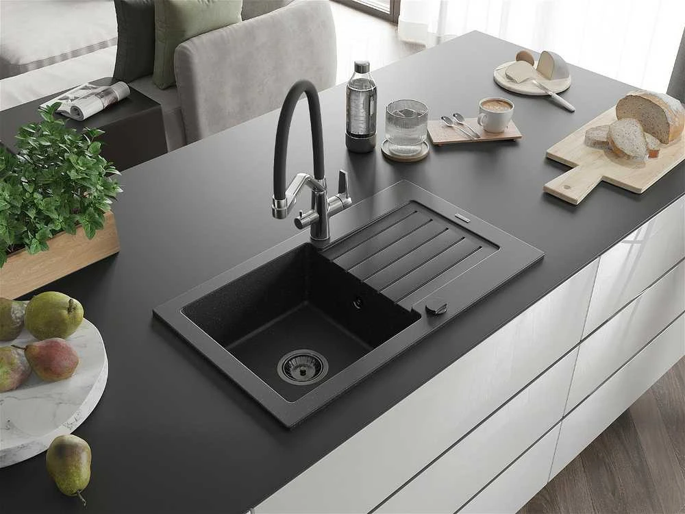 Granitinė virtuvinė plautuvė Mexen Pablo su maišytuvu ir sifonu, Metallic juodas/sidabrinis+Juodas/Chrome