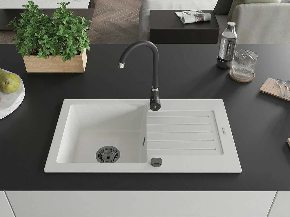 Granitinė virtuvinė plautuvė Mexen Pablo su sifonu, Baltas+Juodas, 752 x 436 mm