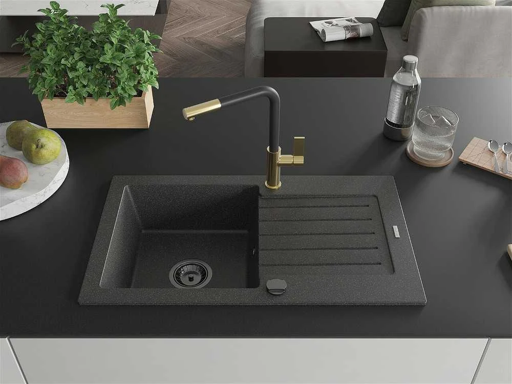 Granitinė virtuvinė plautuvė Mexen Pablo su maišytuvu ir sifonu, Juodas granite+Juodas/Gold
