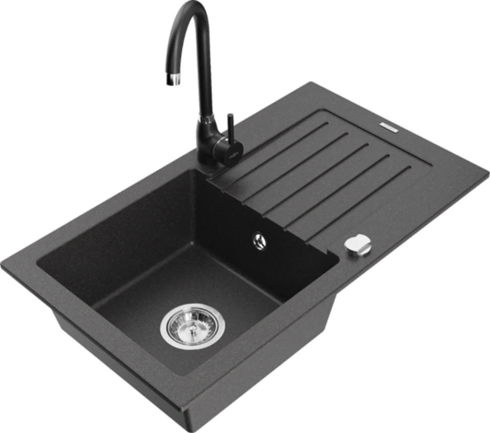 Granitinė virtuvinė plautuvė Mexen Pablo su maišytuvu ir sifonu, Juodas granite+Juodas