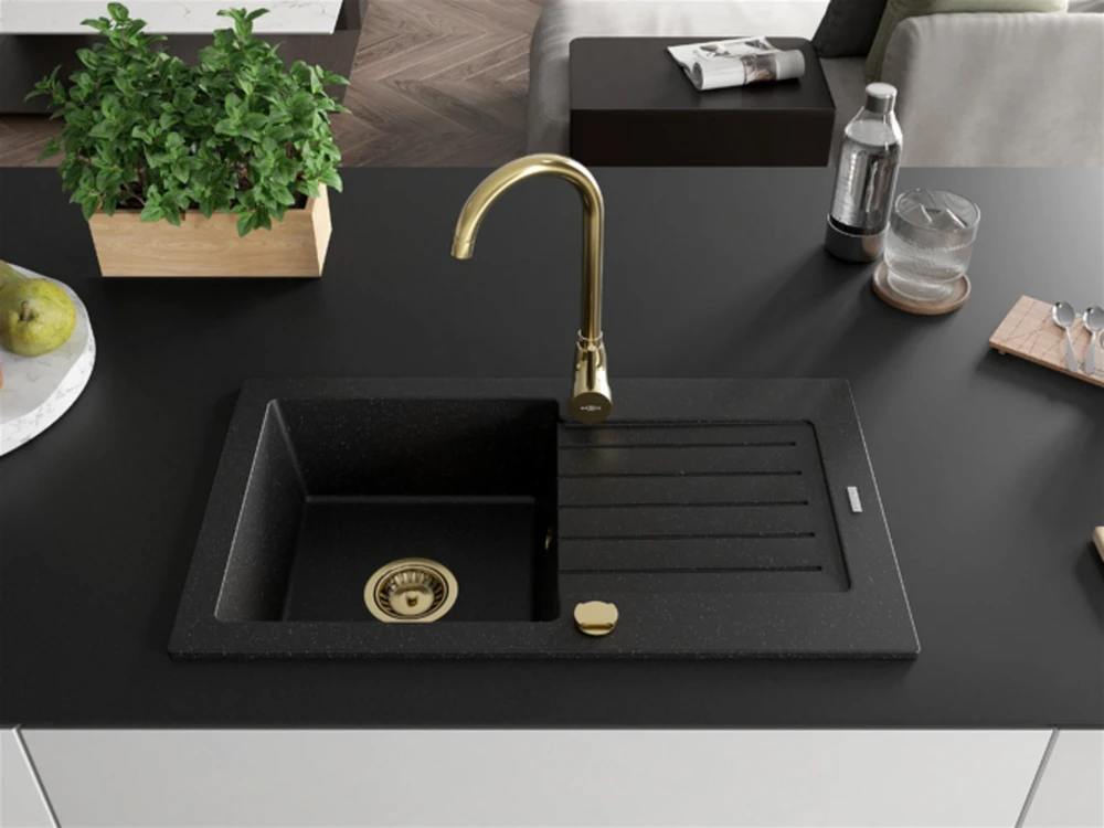 Granitinė virtuvinė plautuvė Mexen Pablo su maišytuvu ir sifonu, Metallic juodas/sidabrinis+Gold
