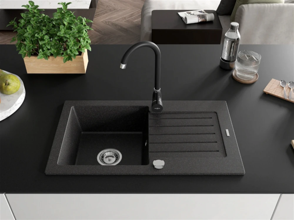Granitinė virtuvinė plautuvė Mexen Pablo su maišytuvu ir sifonu, Juodas granite+Juodas