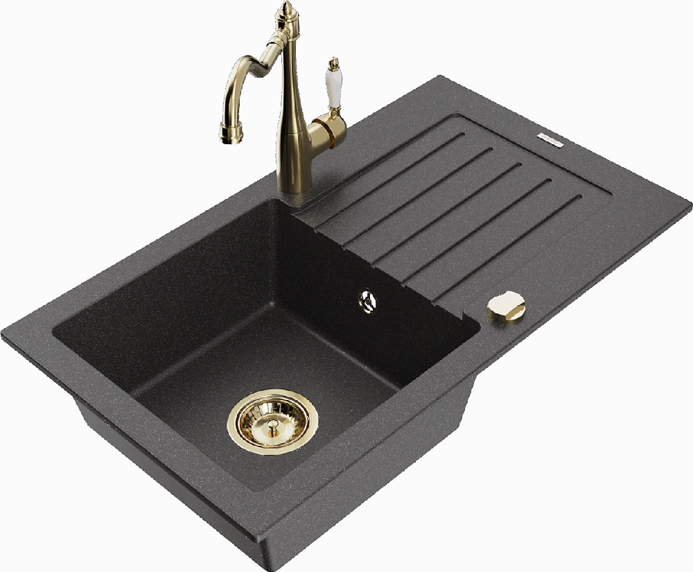 Granitinė virtuvinė plautuvė Mexen Pablo su maišytuvu ir sifonu, Juodas granite+Gold