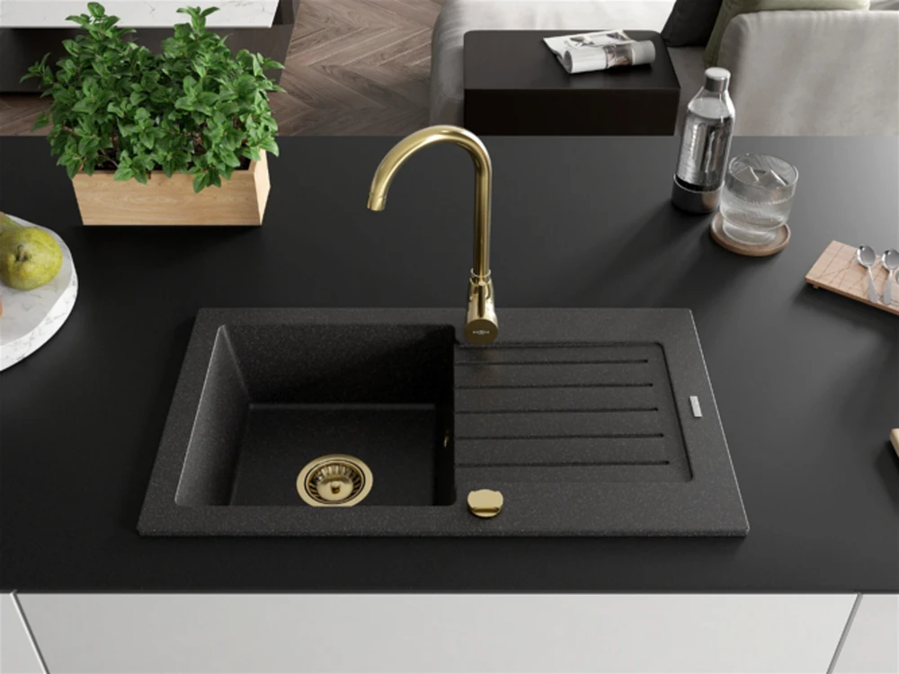 Granitinė virtuvinė plautuvė Mexen Pablo su maišytuvu ir sifonu, Juodas granite+Gold