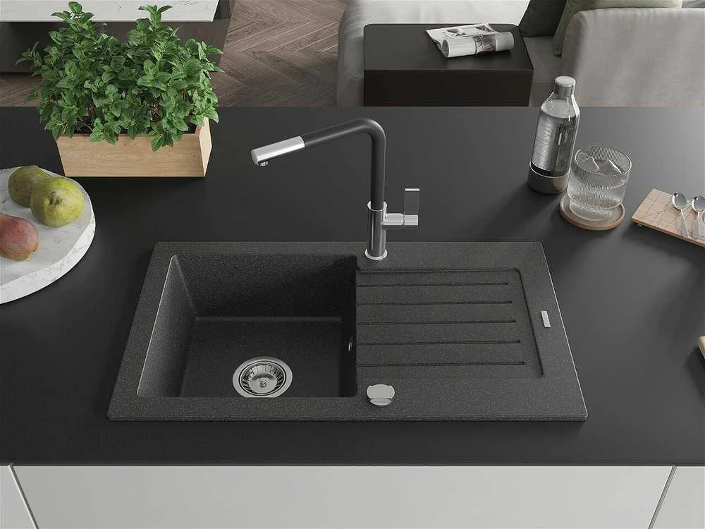 Granitinė virtuvinė plautuvė Mexen Pablo su maišytuvu ir sifonu, Juodas granite+Juodas/Chrome