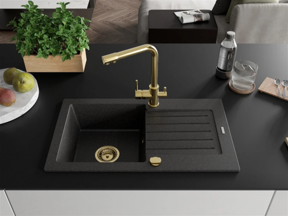 Granitinė virtuvinė plautuvė Mexen Pablo su maišytuvu ir sifonu, Juodas granite+Gold