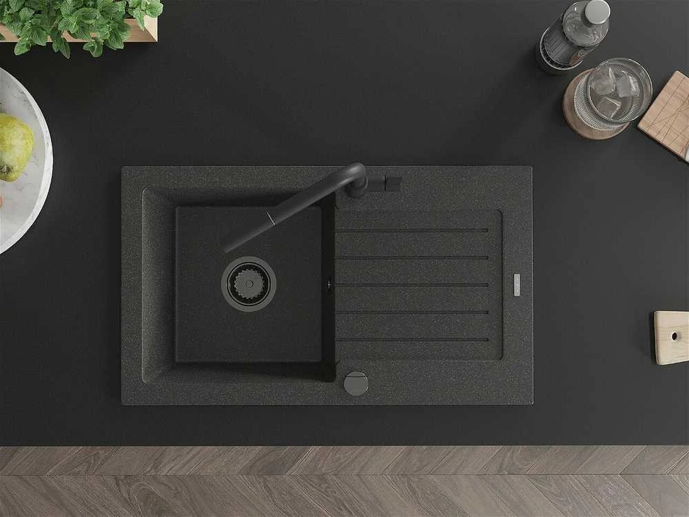 Granitinė virtuvinė plautuvė Mexen Pablo su maišytuvu ir sifonu, Juodas granite+Juodas