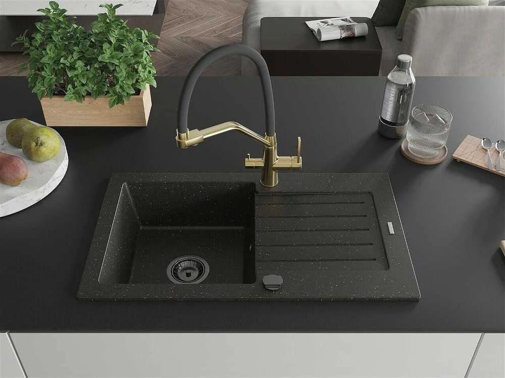Granitinė virtuvinė plautuvė Mexen Pablo su maišytuvu ir sifonu, Metallic juodas/auksinis+Juodas/Gold