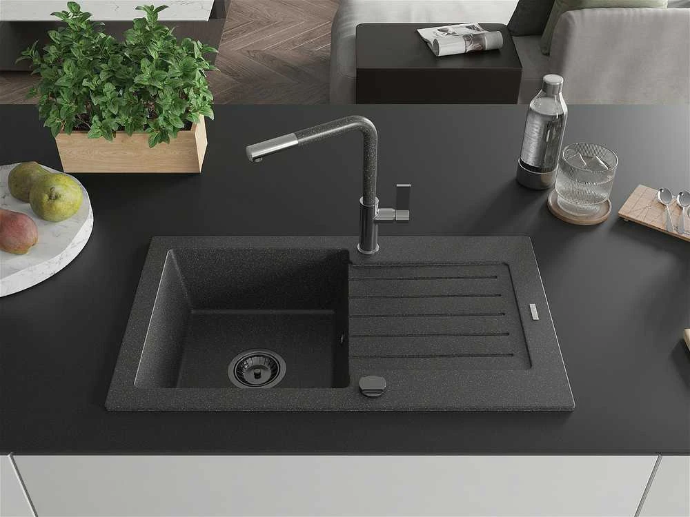 Granitinė virtuvinė plautuvė Mexen Pablo su maišytuvu ir sifonu, Juodas granite+Juodas granite/Chrome