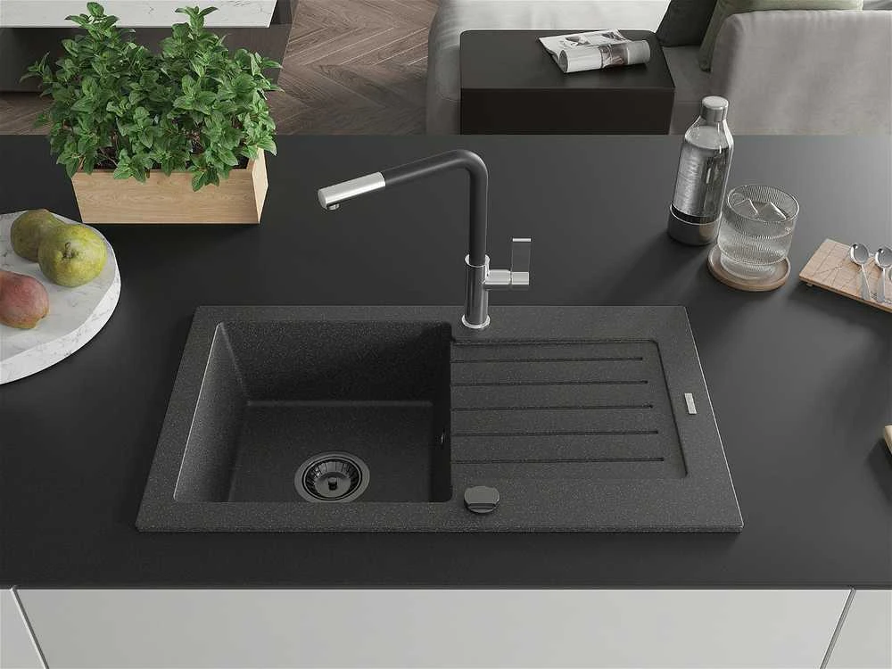 Granitinė virtuvinė plautuvė Mexen Pablo su maišytuvu ir sifonu, Juodas granite+Juodas/Chrome