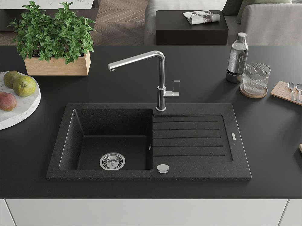 Granitinė virtuvinė plautuvė Mexen Pablo su maišytuvu ir sifonu, Metallic juodas/sidabrinis+Chrome