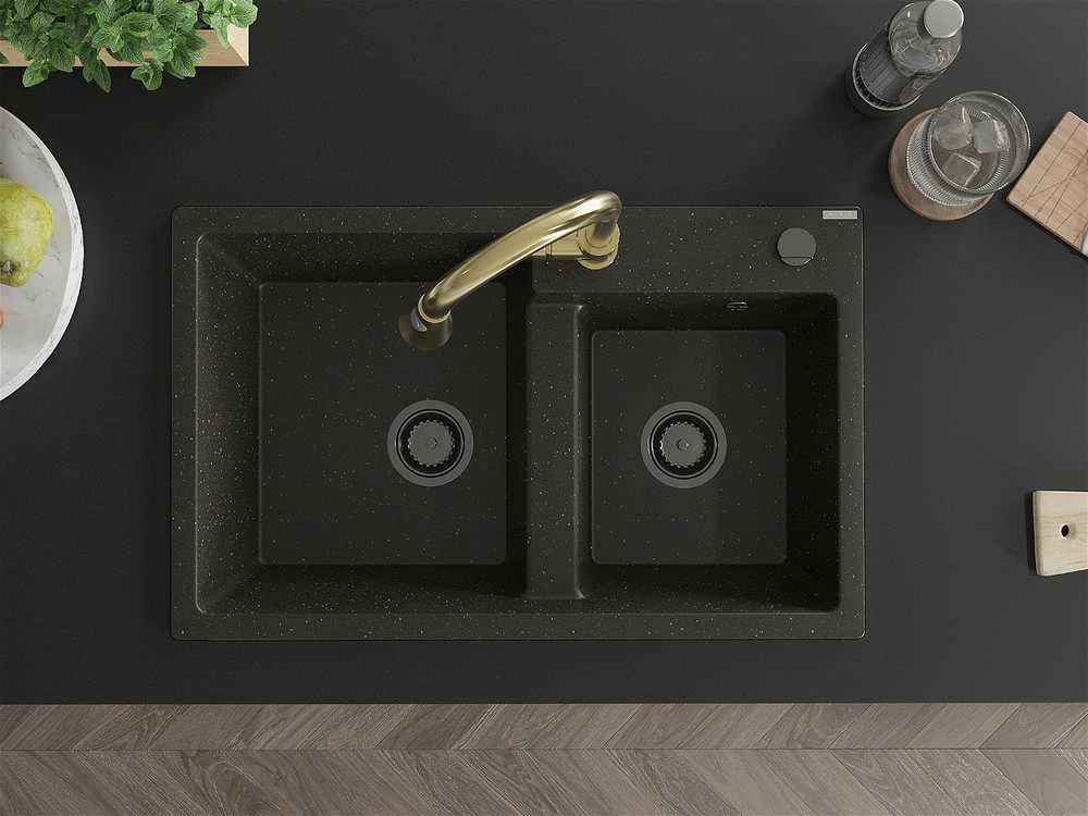 Granitinė virtuvinė plautuvė Mexen Tomas su maišytuvu ir sifonu, Metallic juodas/auksinis+Gold