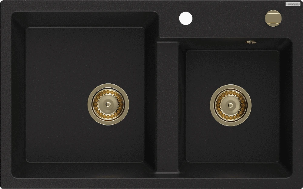 Granitinė virtuvinė plautuvė Mexen Tomas su sifonu, Juodas+Gold, 800 x 500 mm