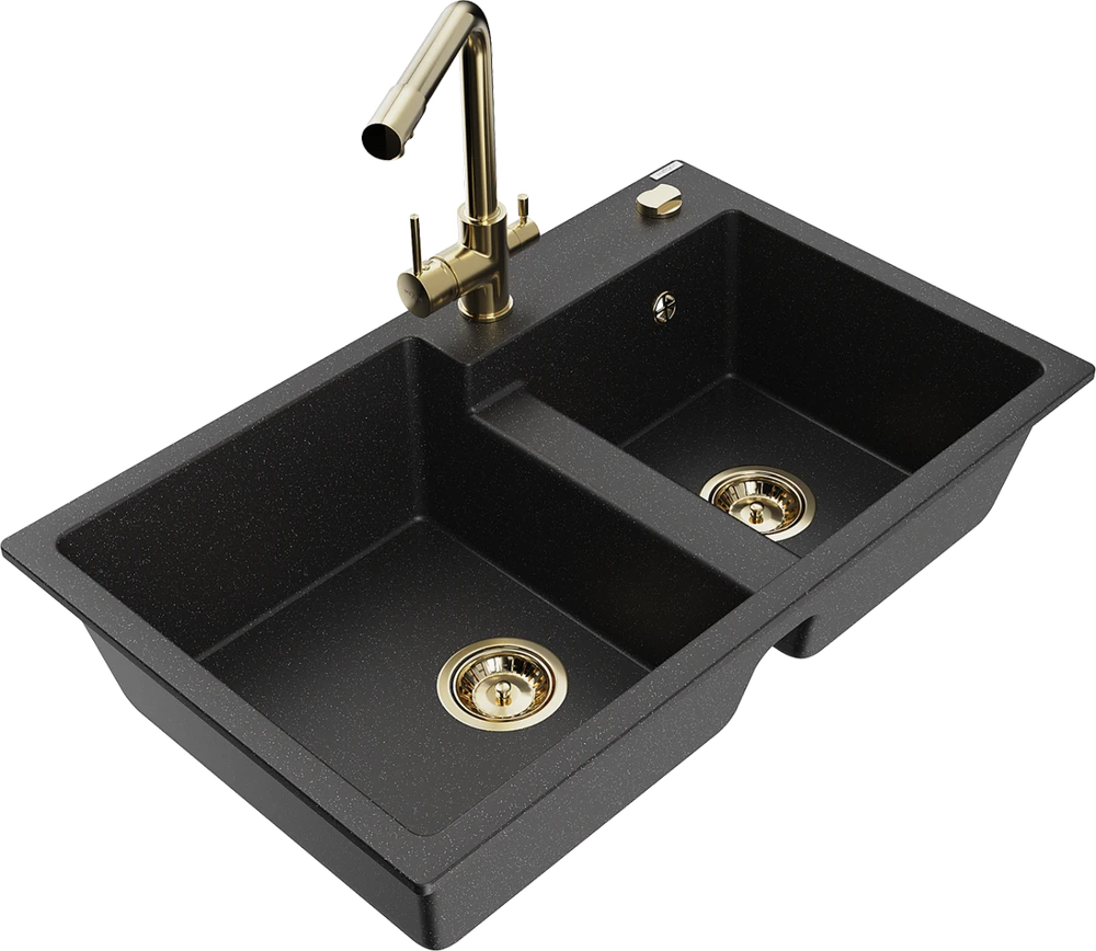 Granitinė virtuvinė plautuvė Mexen Tomas su maišytuvu ir sifonu, Metallic juodas/sidabrinis+Gold