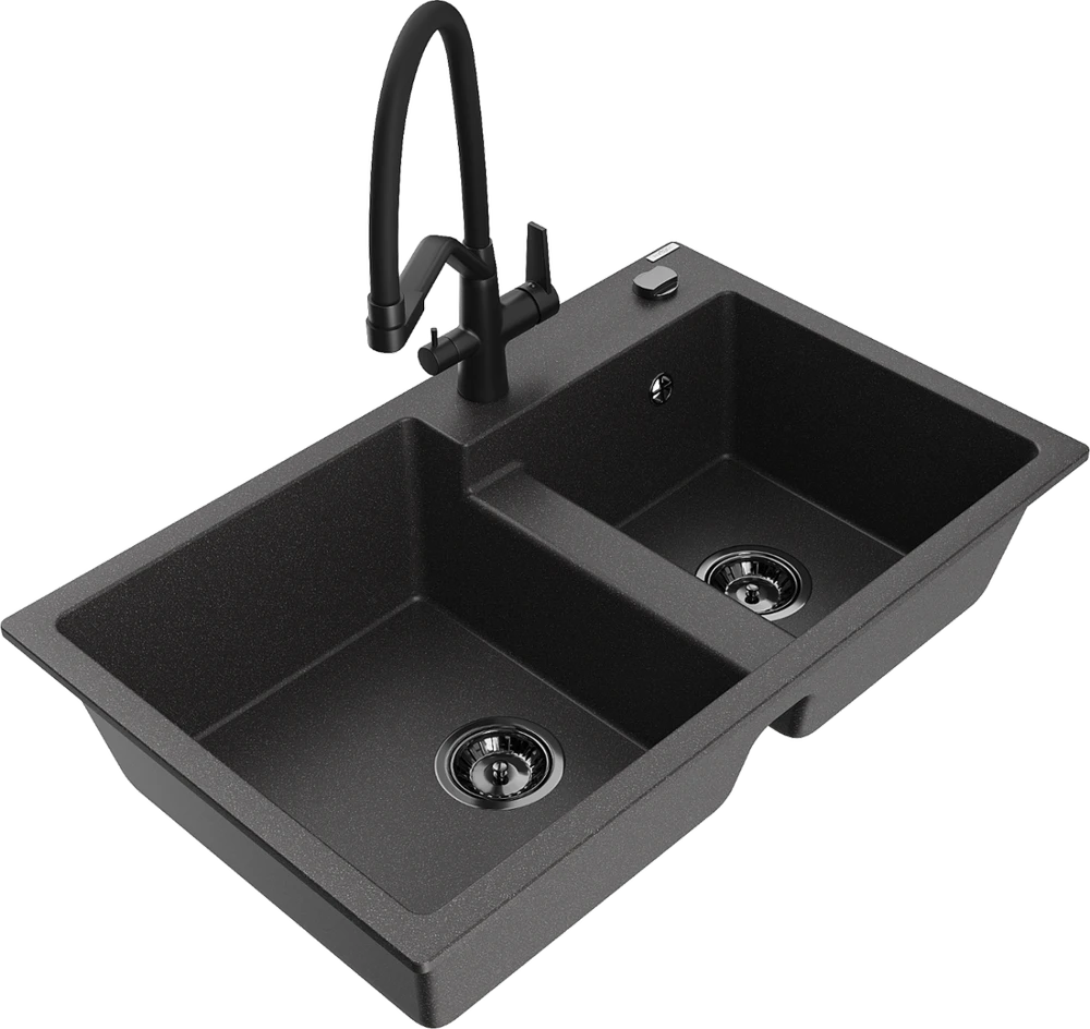 Granitinė virtuvinė plautuvė Mexen Tomas su maišytuvu ir sifonu, Juodas granite+Juodas
