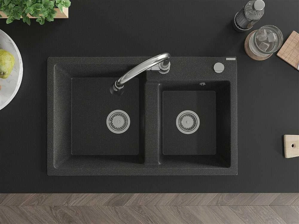 Granitinė virtuvinė plautuvė Mexen Tomas su maišytuvu ir sifonu, Juodas granite+Chrome