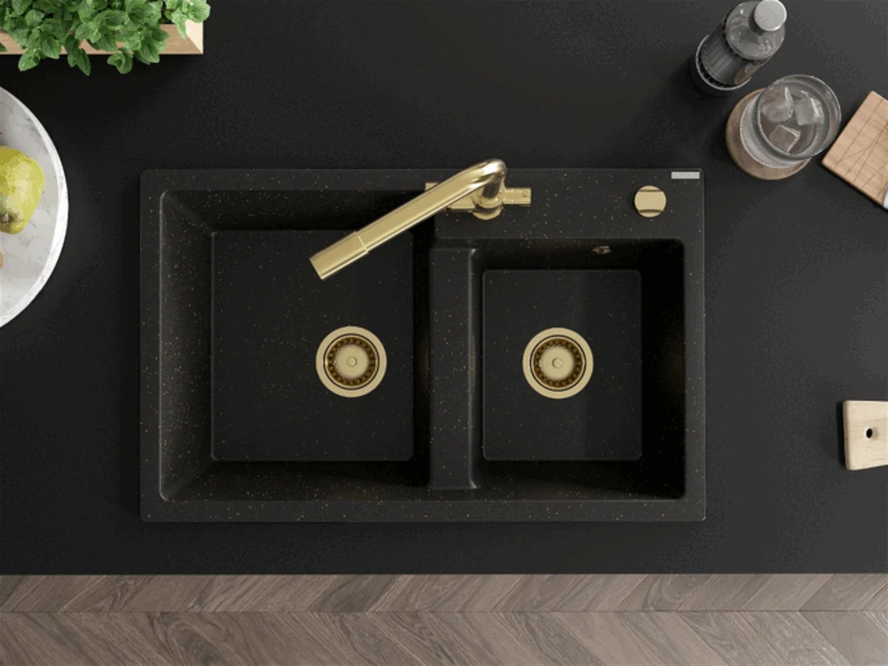 Granitinė virtuvinė plautuvė Mexen Tomas su maišytuvu ir sifonu, Metallic juodas/auksinis+Gold