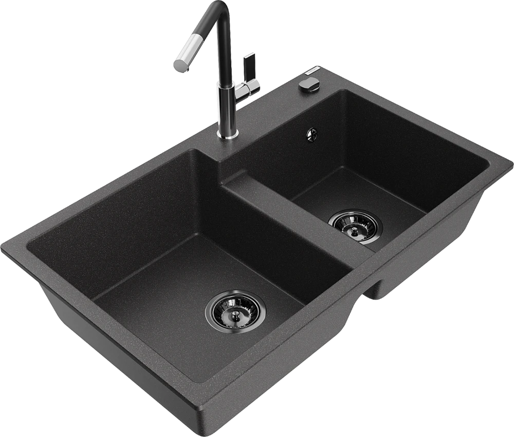 Granitinė virtuvinė plautuvė Mexen Tomas su maišytuvu ir sifonu, Juodas granite+Juodas/Chrome
