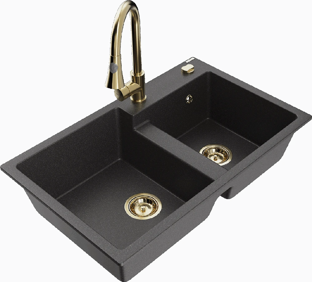 Granitinė virtuvinė plautuvė Mexen Tomas su maišytuvu ir sifonu, Juodas granite+Gold