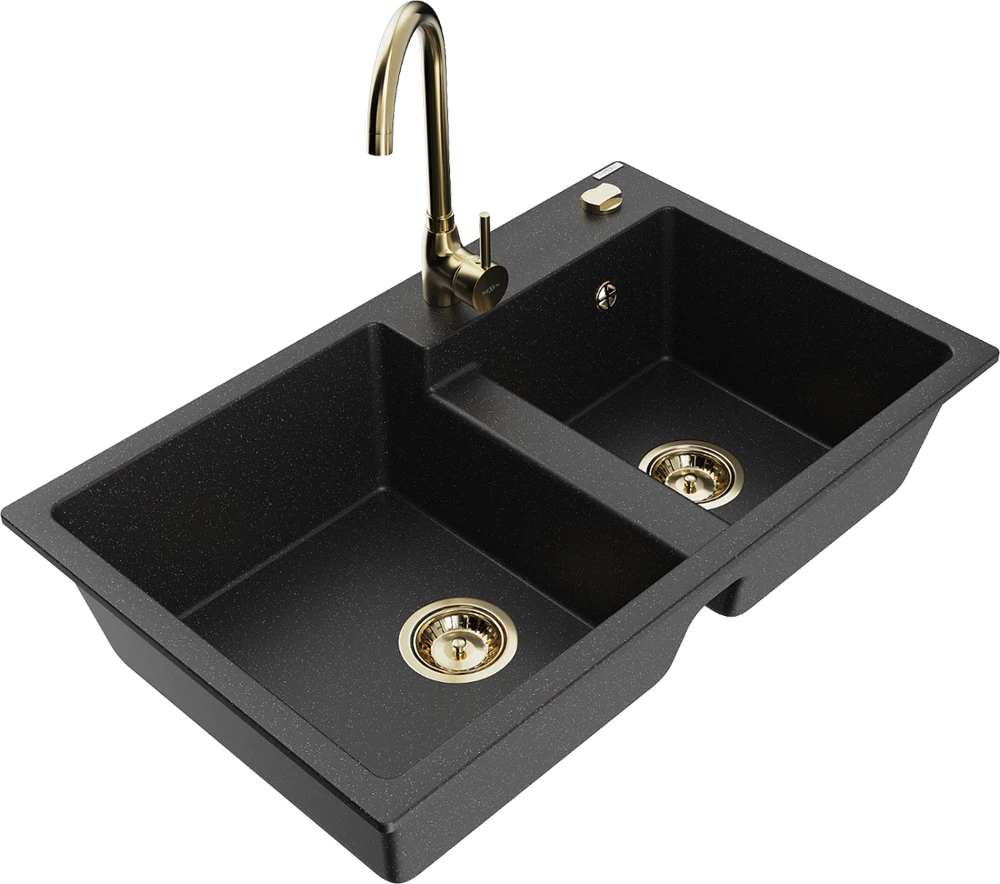 Granitinė virtuvinė plautuvė Mexen Tomas su maišytuvu ir sifonu, Metallic juodas/sidabrinis+Gold