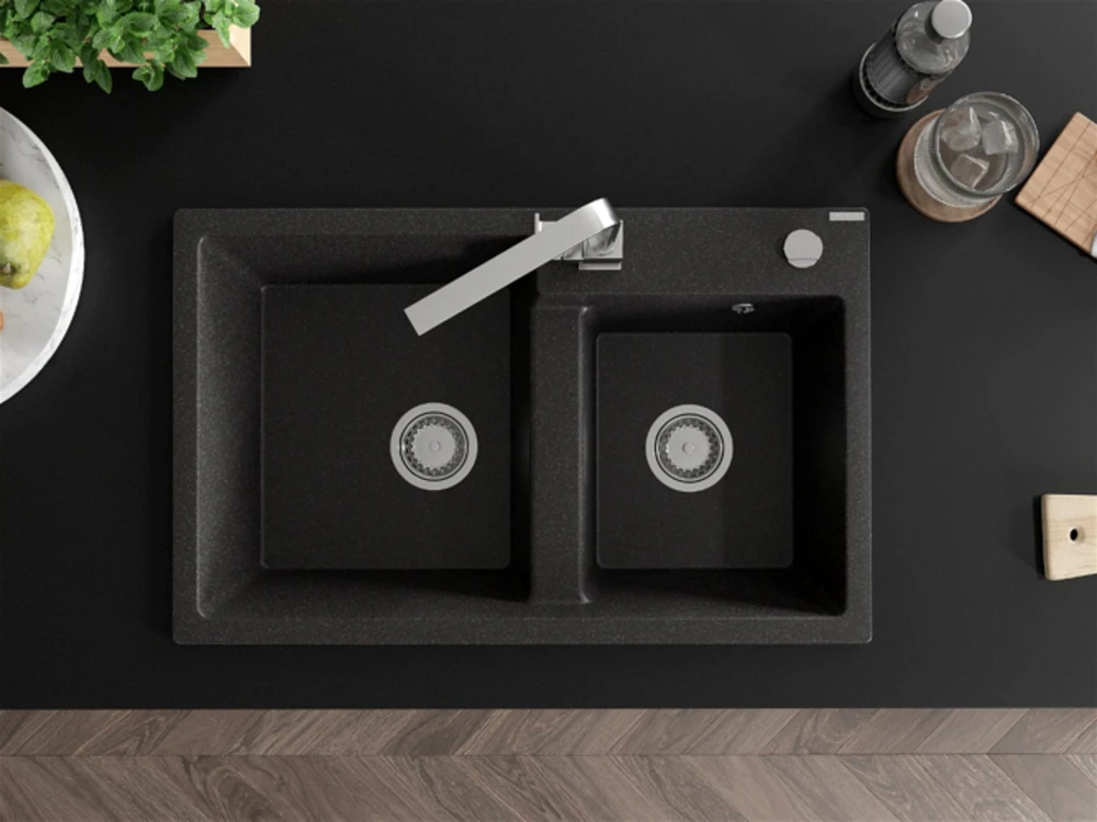 Granitinė virtuvinė plautuvė Mexen Tomas su maišytuvu ir sifonu, Juodas granite+Chrome