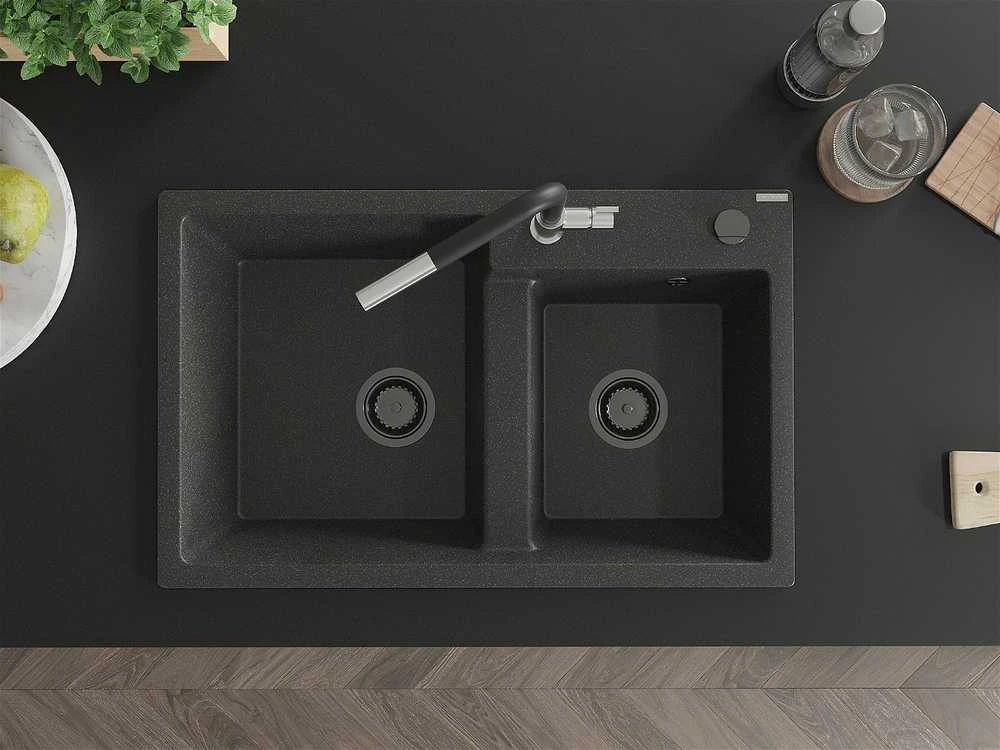 Granitinė virtuvinė plautuvė Mexen Tomas su maišytuvu ir sifonu, Juodas granite+Juodas/Chrome