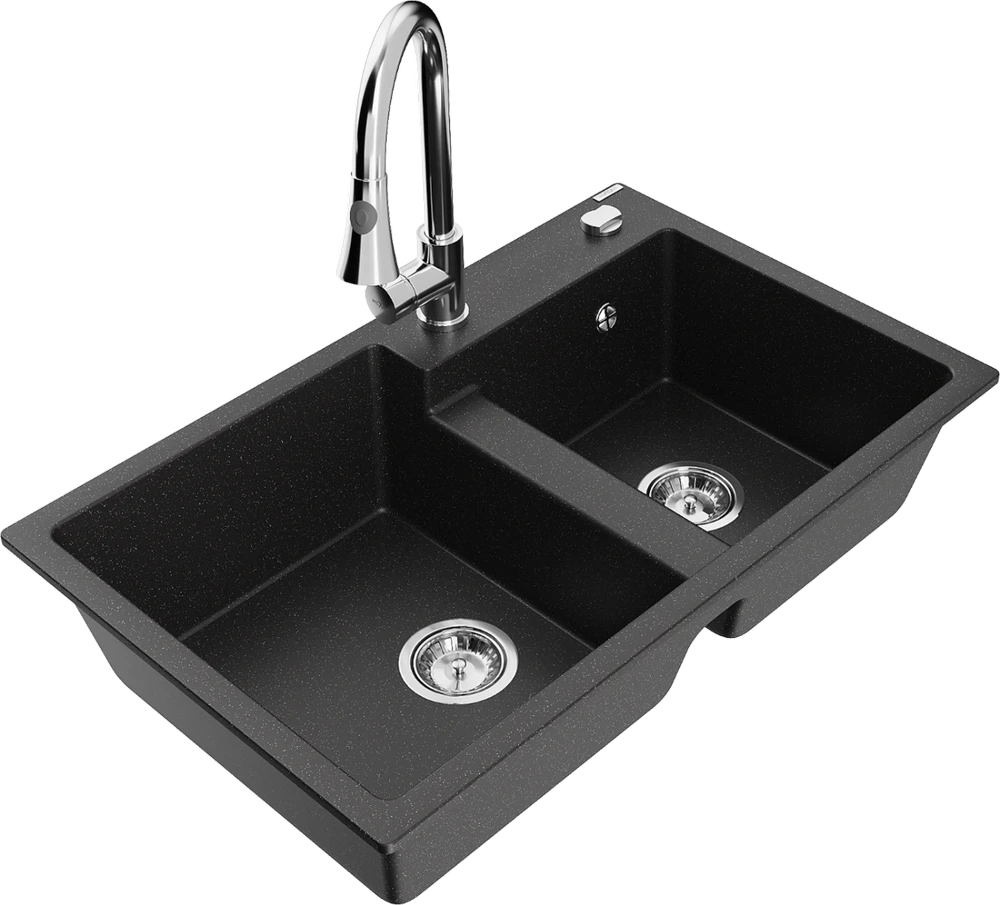 Granitinė virtuvinė plautuvė Mexen Tomas su maišytuvu ir sifonu, Metallic juodas/sidabrinis+Chrome